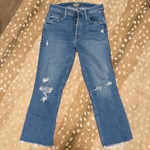 MOTHER Blue Distressed Flare Jeans